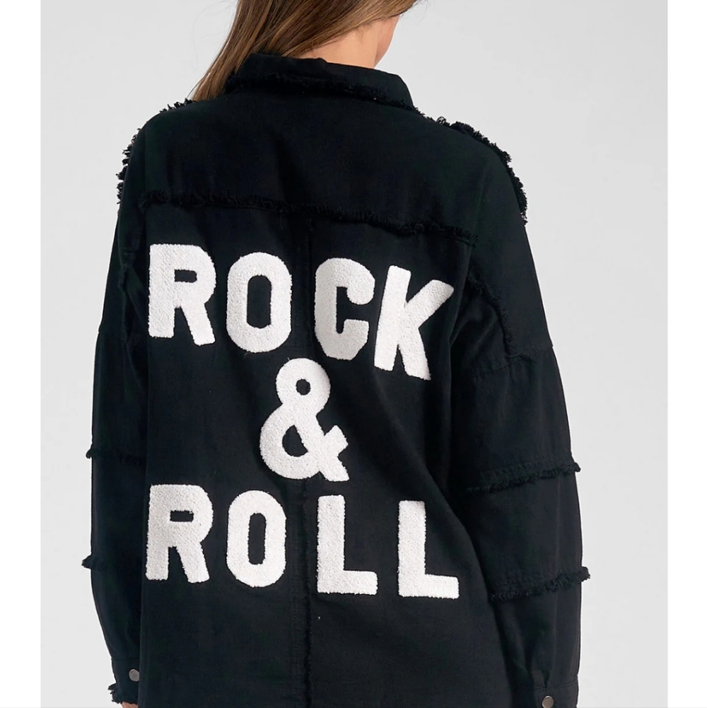 Elan Black Jean Jacket with White Rock & Roll Appliqué